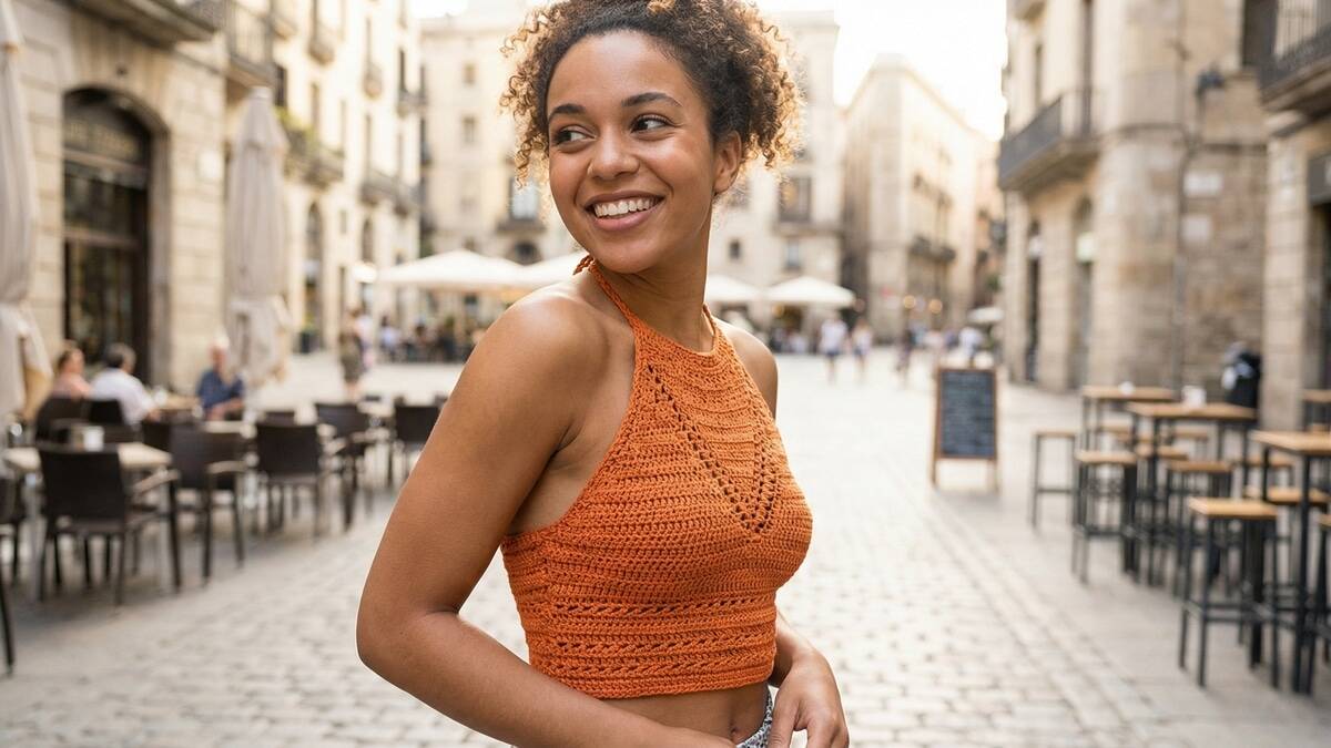 Mulher sorrindo usando cropped de crochê laranja estilo halter neck em ambiente urbano ensolarado
