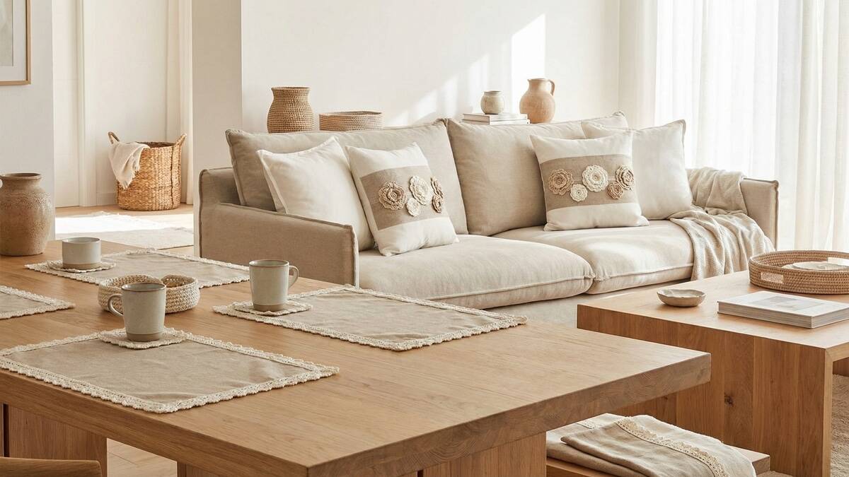 Ambiente integrado com decoração mista de crochê e tecido em mesa e sofá em tons neutros