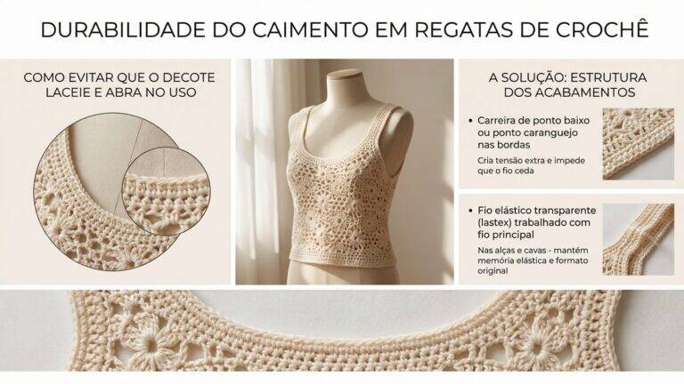 Infográfico sobre durabilidade de regatas de crochê com técnicas de acabamento