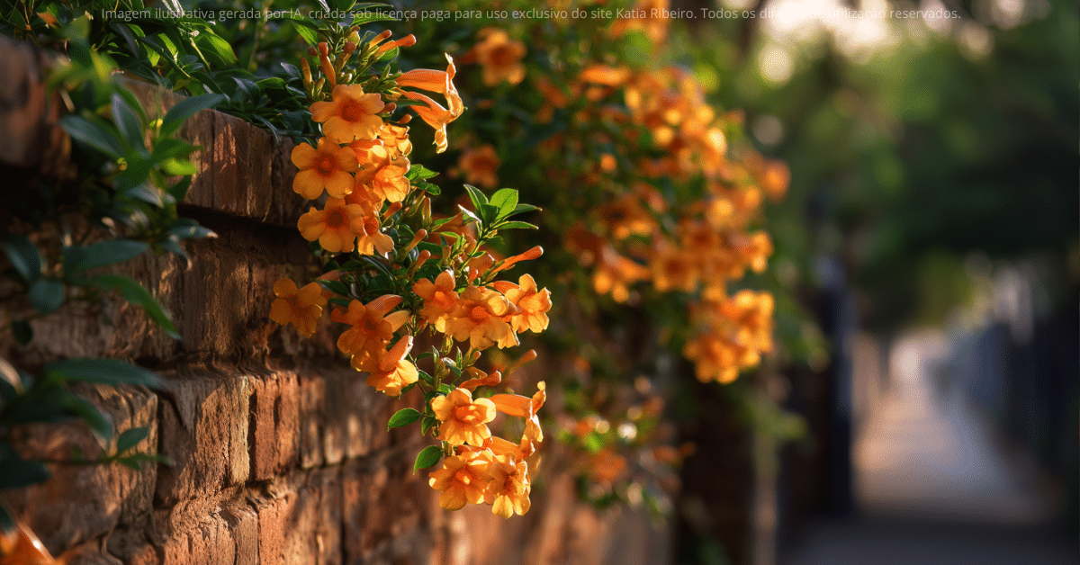 Na imagem, vemos uma Bignonia repleta de flores alaranjadas cobrindo um muro, revelando como essa trepadeira cresce com vigor e transforma paredes comuns em um corredor vivo de cores vibrantes.