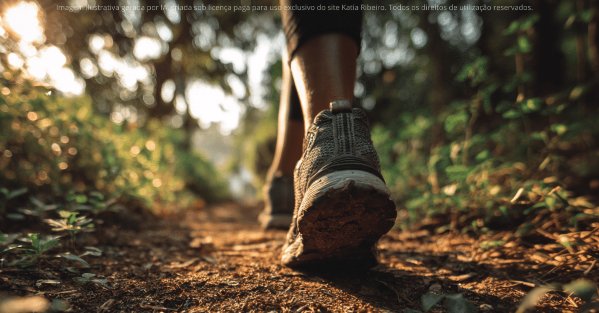 Na imagem pés de alguém caminhando em meio à natureza