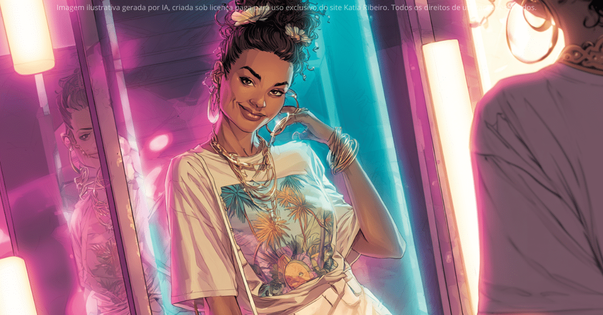 ilustração de uma mulher sorrindo para o próprio reflexo no espelho, simbolizando autoaceitação, autoestima e poder pessoal