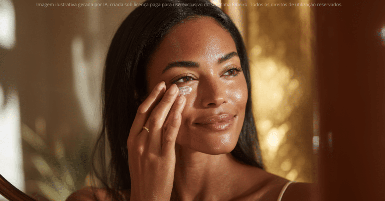 Mulher com creme para os olhos aplicado sob a pele abaixo dos olhos