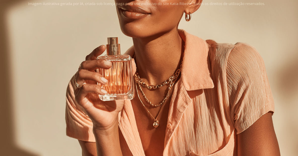 Mulher com frasco de perfume na mão