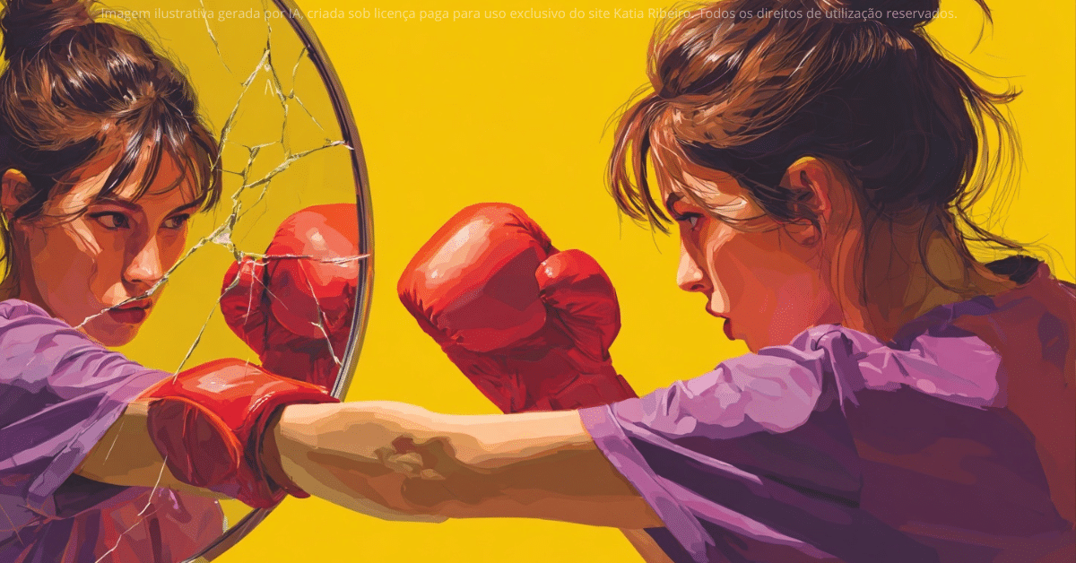 Mulher com luvas de boxe lutando contra o próprio reflexo em um espelho