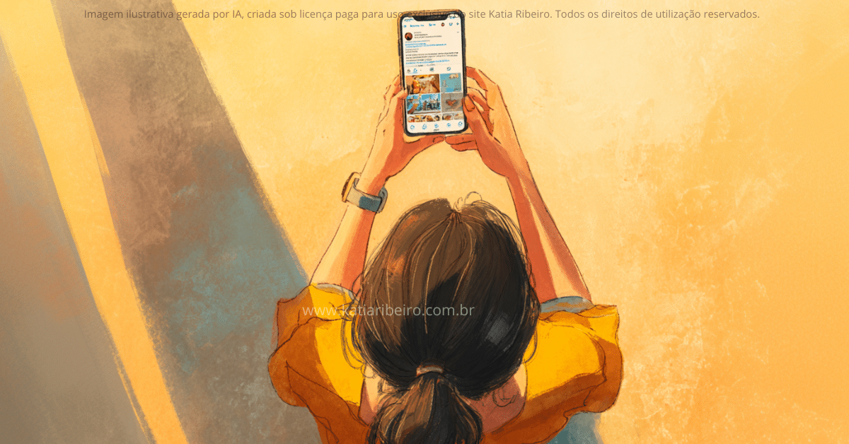 A imagem mostra uma mulher absorvida pelo celular, rolando um feed infinito A cena simboliza a liberação contínua de dopamina gerada por estímulos imediatos