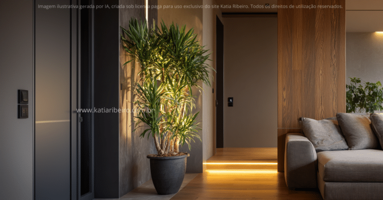 Uma planta está posicionada na entrada da casa, simbolizando prosperidade segundo o Feng Shu