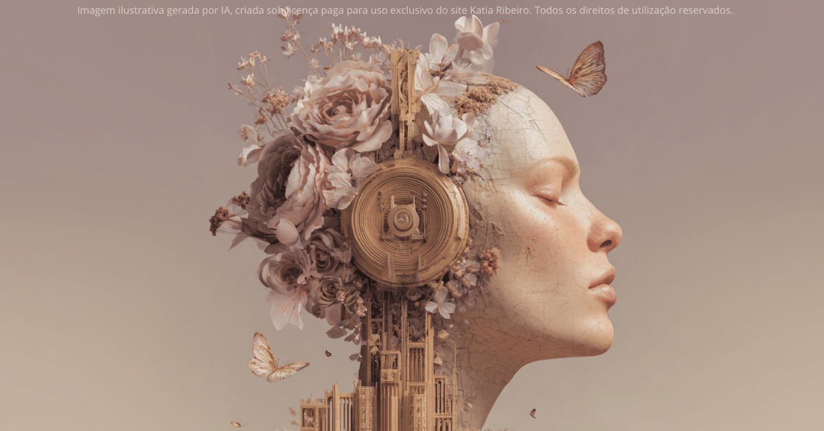 A imagem mostra a cabeça de uma mulher com fone de ouvido, flores, borboletas e elementos, simbolizando como um diálogo interno positivo faz a mente florescer e se reconstruir.