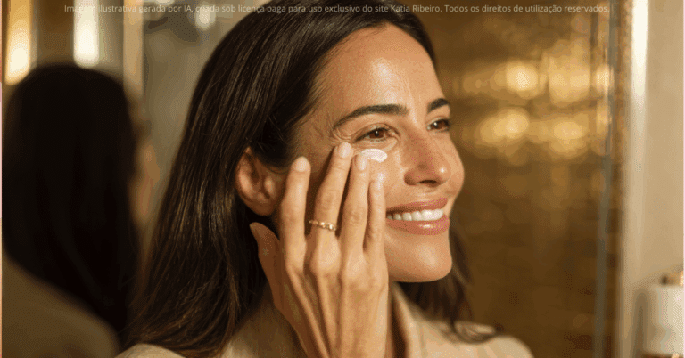 Mulher com creme para os olhos aplicado sob a pele abaixo dos olhos