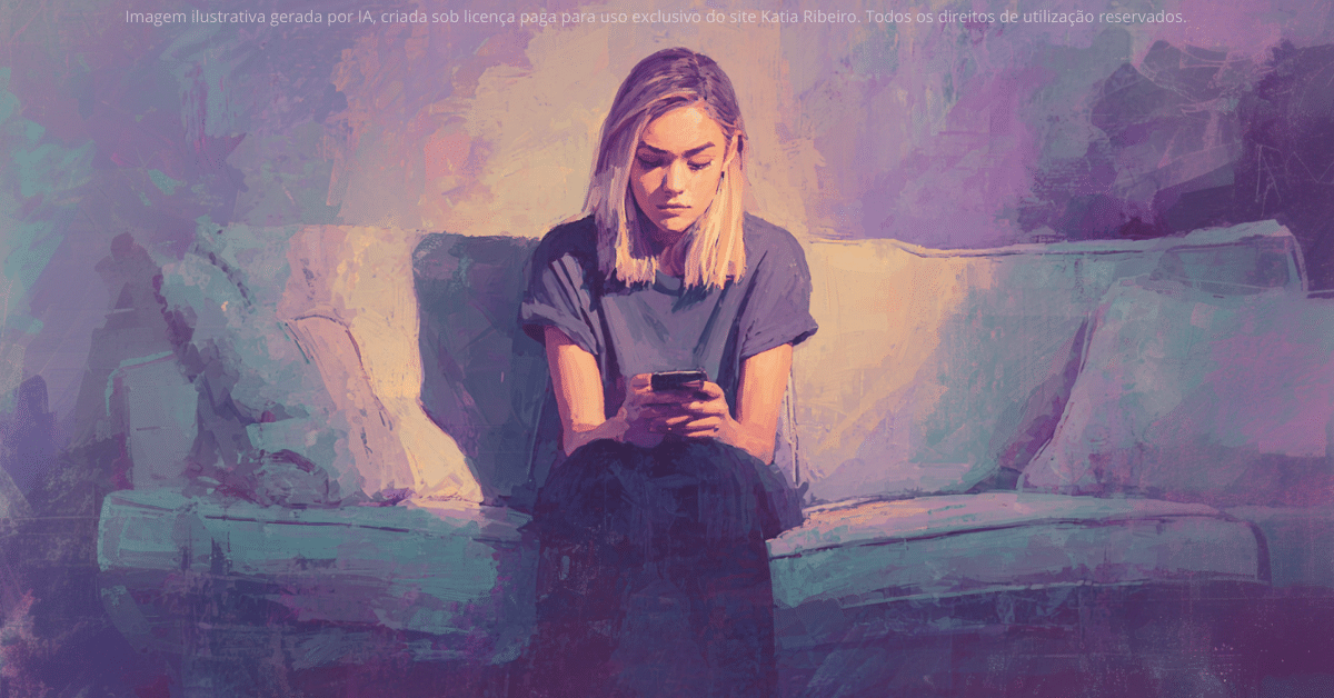 Uma jovem sentada no sofá, absorvida pelo celular, simboliza o desgaste emocional e o enfraquecimento da autoimagem na era digital
