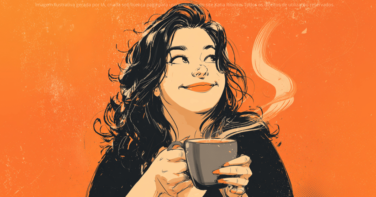Uma mulher sorridente segura uma xícara de café enquanto aprecia o momento, transmitindo calma e bem-estar matinal.