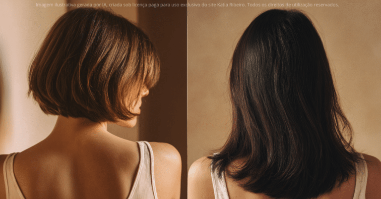A imagem ilustra a evolução do cabelo: de um corte curto para fios mais longos