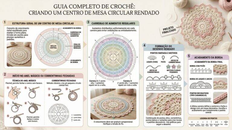 nfográfico detalhado em português sobre como fazer centro de mesa circular em crochê. Mostra 5 etapas: estrutura geral circular, início com anel mágico ou correntinhas fechadas, carreiras de aumentos regulares seguindo gráfico, formação do desenho rendado com leques, picôs e motivos florais, e acabamento da borda com ponto decorativo. Design educativo com cores pastel suagramas de pontos, layout limpo e profissional.