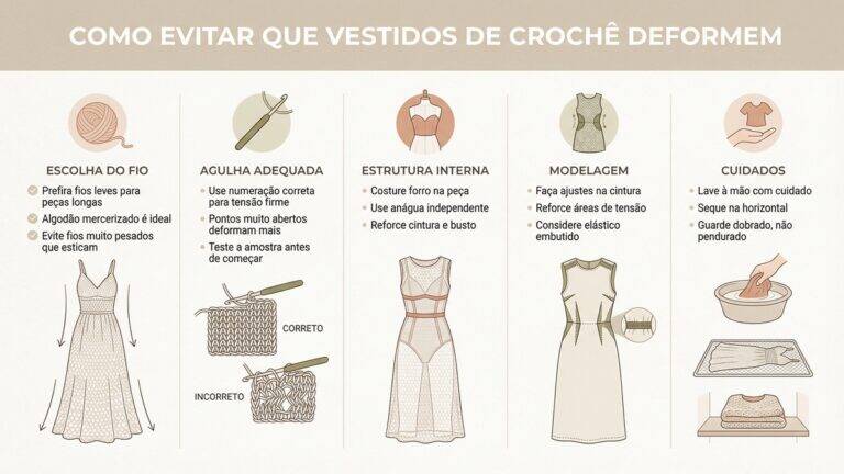 Infográfico com dicas para evitar deformação em vestidos de crochê com ilustrações e texto