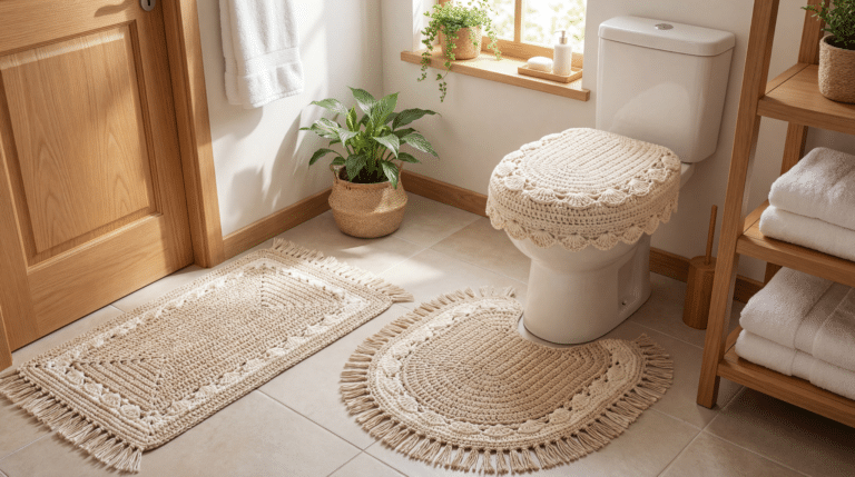 Jogo de crochê bege para banheiro com tapetes e capa para vaso sanitário.