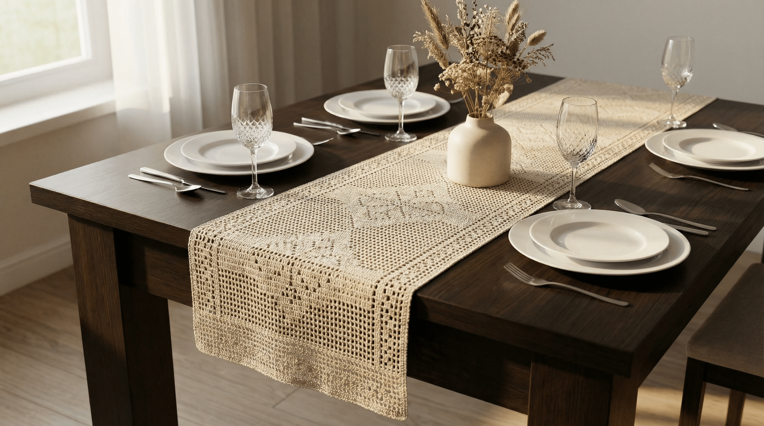 Mesa posta elegante, trilho de crochê artesanal, tons neutros e atmosfera aconchegante.