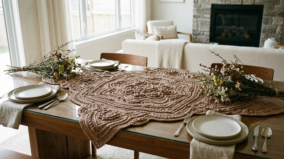 Mesa de jantar com centro de crochê russo em tom mocha mousse com flores em relevo