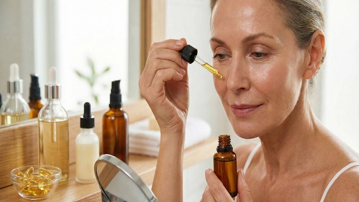 Mulher fazendo cuidados de pele do rosto com óleos e vitaminas