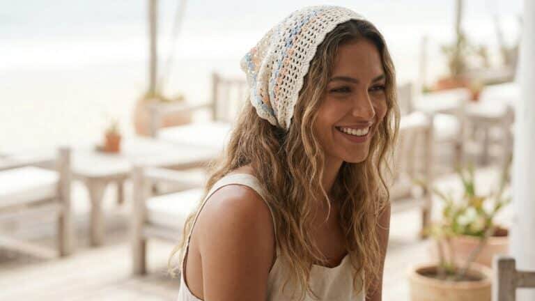 Mulher sorrindo usando lenço de crochê estilo bandana em tons cla verão