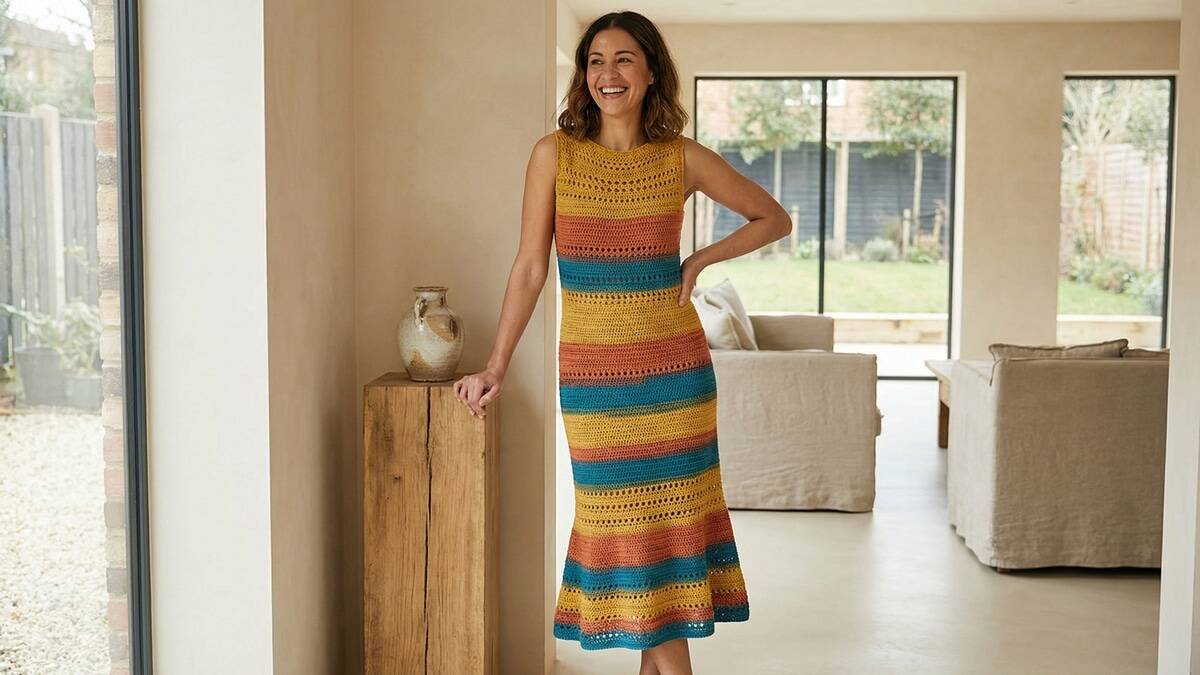 Mulher sorrindo usando vestido de crochê em cor vibrante com silhueta fluida