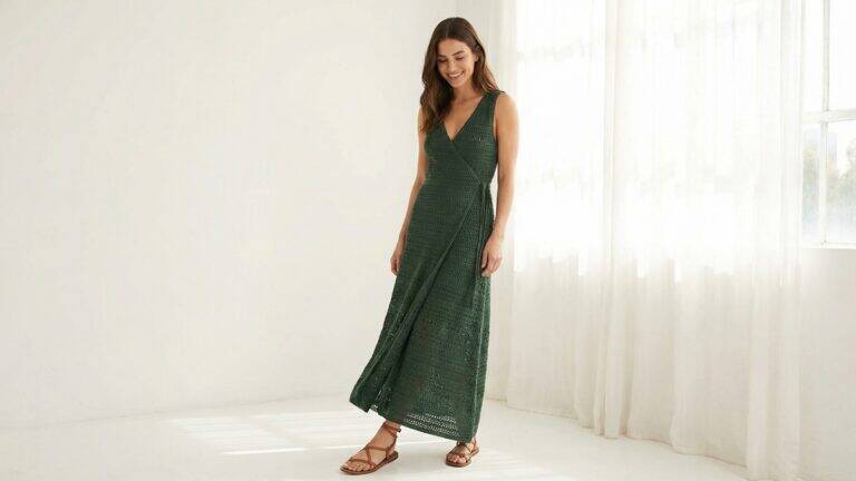 Mulher sorrindo usando vestido envelope de crochê verde escuro em ambiente clean