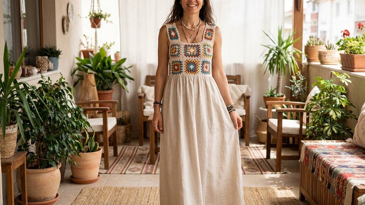 Inspire-se com 15 vestidos que misturam squares de crochê e tecido