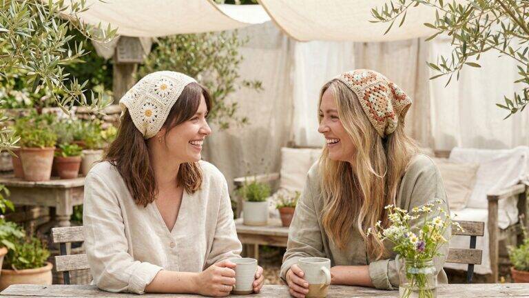 uas mulheres sorrindo usando bandanas de crochê em tons naturais em ambiente de verão