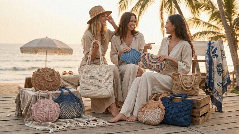 Mulheres sorrindo com coleção de bolsas de praia em crochê artesanal em deck ao pôr do sol