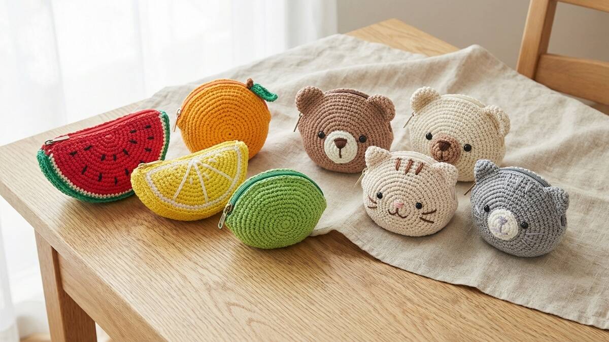 Porta-moedas de crochê em formato de frutas tropicais e carinhas de animais sobre madeira clara