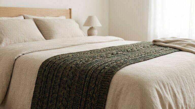 Quarto com peseira de crochê verde escuro em relevo sobre cama com roupa neutra