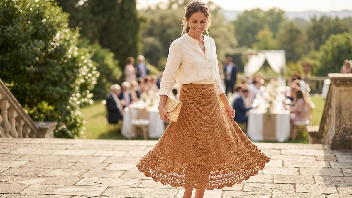 Modelo feminina sorridente usando saia midi de crochê artesanal em tom caramelo com barra trabalhada e ponto fantasia, em ambiente de verão sofisticado com luz natural quente.