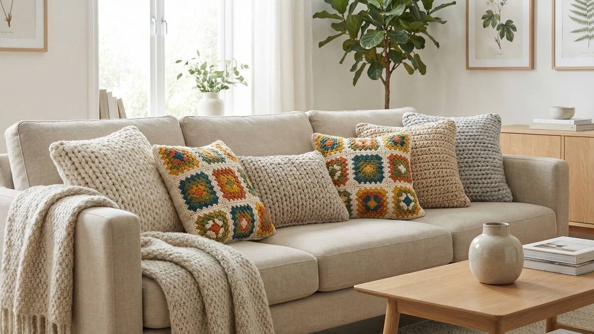 Sala de estar com sofá decorado com almofadas de crochê em tons natur coloridas em estilo hygge