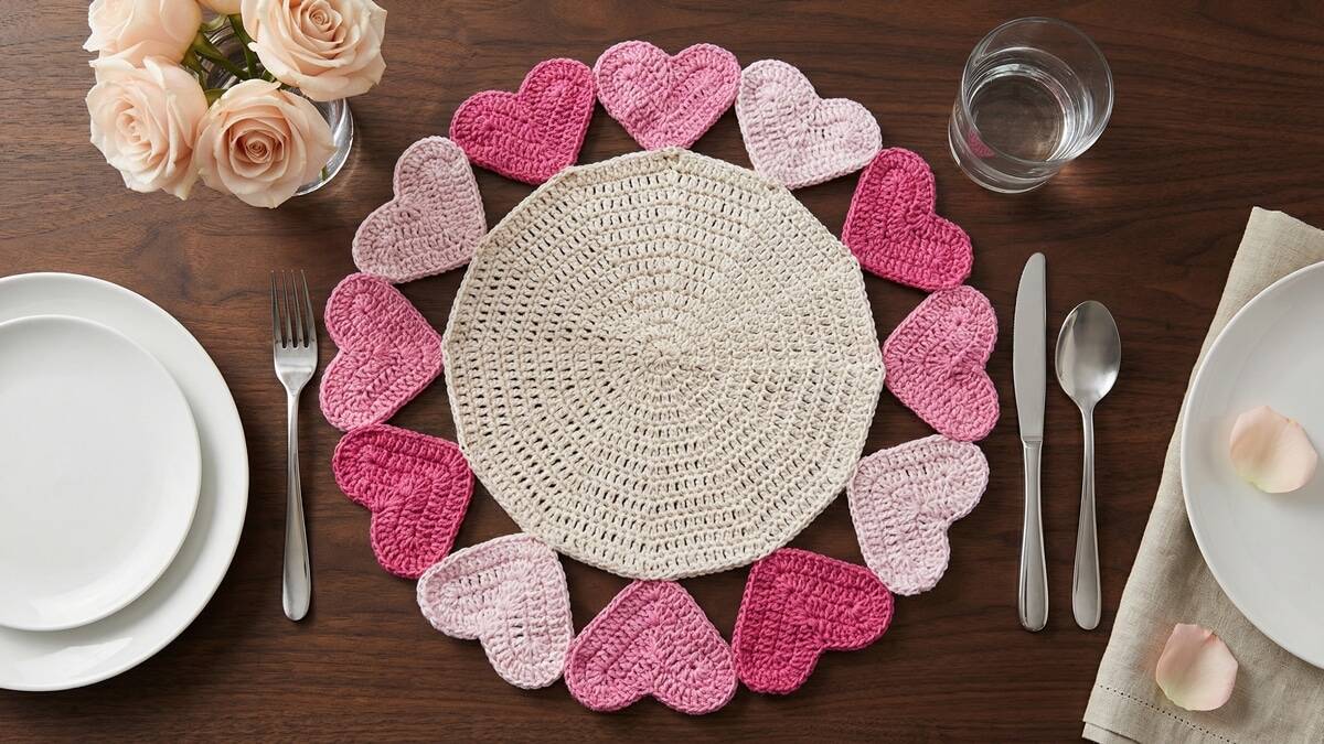 Mesa posta com sousplat de crochê com centro begeosta com sousplat de crochê com centro b e borda de corações em tons de rosa