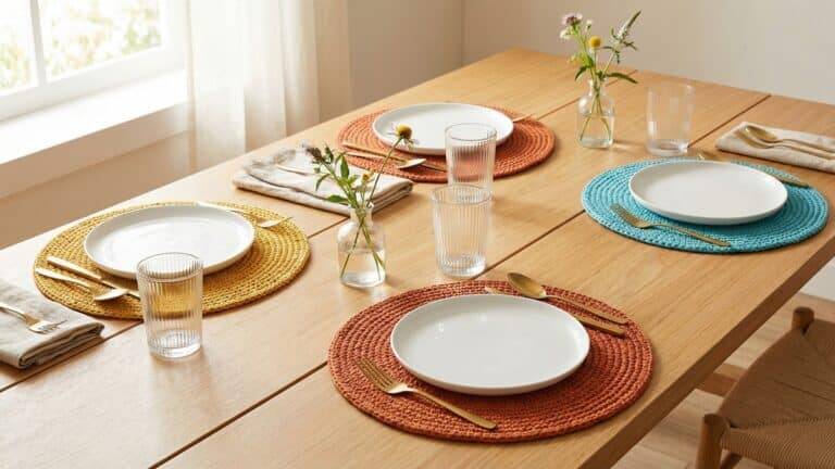 Sousplats redondos de crochê em cores vibrantes sobre mesa posta com pratos brancos