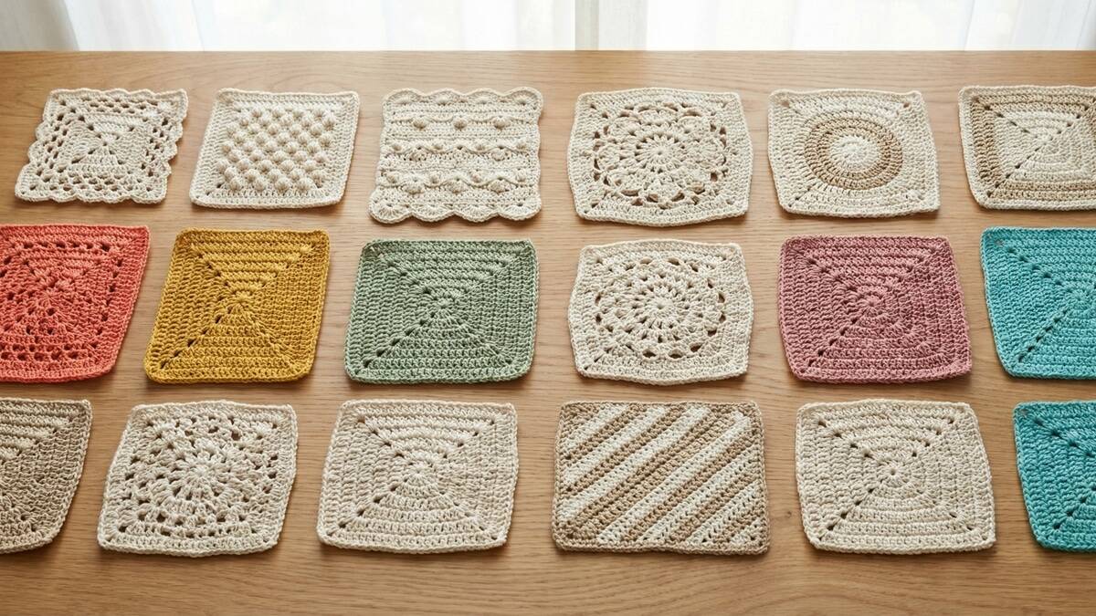 Seleção de squares de crochê com variedade de pontos e cores sobre madeira