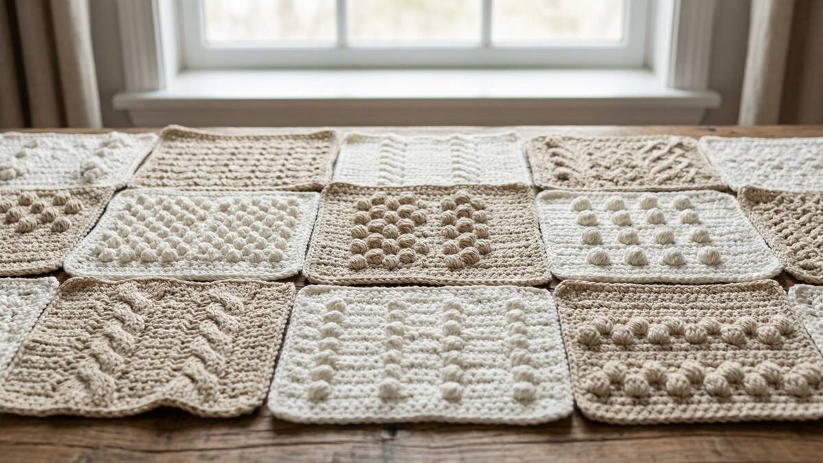 Swatchs de crochê em tons neutros com diferentes pontos em relevo dispostos em flat lay sobre mesa