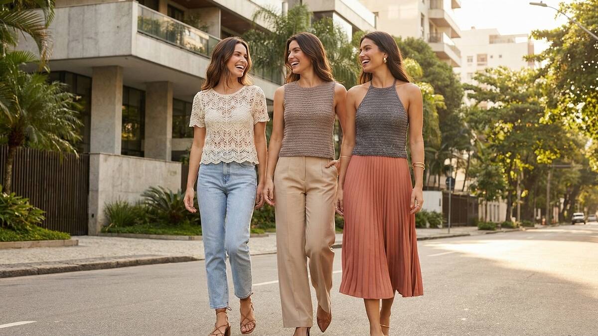Três mulheres sorrindo usando blusas de crochê de luxo em ambiente urbano de verão brasileiro