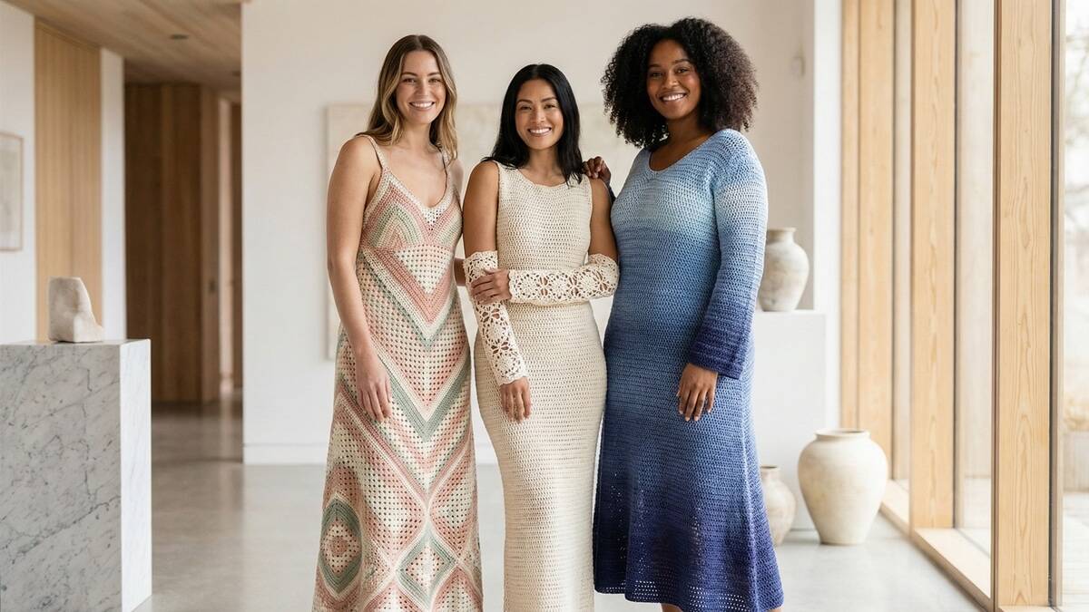 Três mulheres sorrindo usando vestidos de crochê em ambiente moderno e elegante