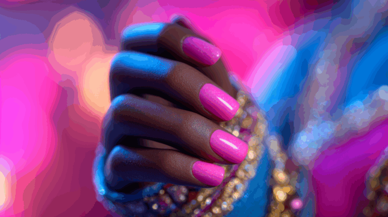 Close de unhas rosa brilhantes em clima glam, traduzindo o estilo vibrante e divertido do universo Barbie na coleção em parceria com a Colorama