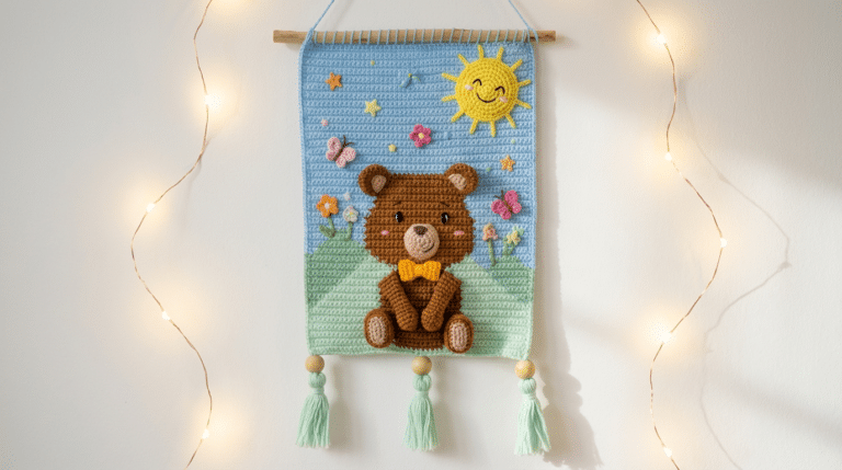 Flâmula de crochê com urso amigurumi é tendência para decoração infantil em 2026