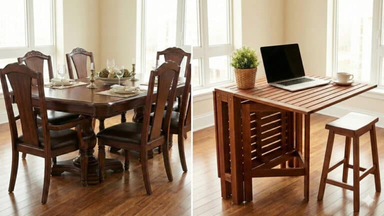 Comparação lado a lado mostrando, à esquerda, uma mesa de jantar robusta de madeira com várias cadeiras e, à direita, uma mesa dobrável compacta de madeira no mesmo ambiente. A mesa dobrável está sendo usada como estação de trabalho com um notebook, planta e café, acompanhada por uma única banqueta de madeira.
