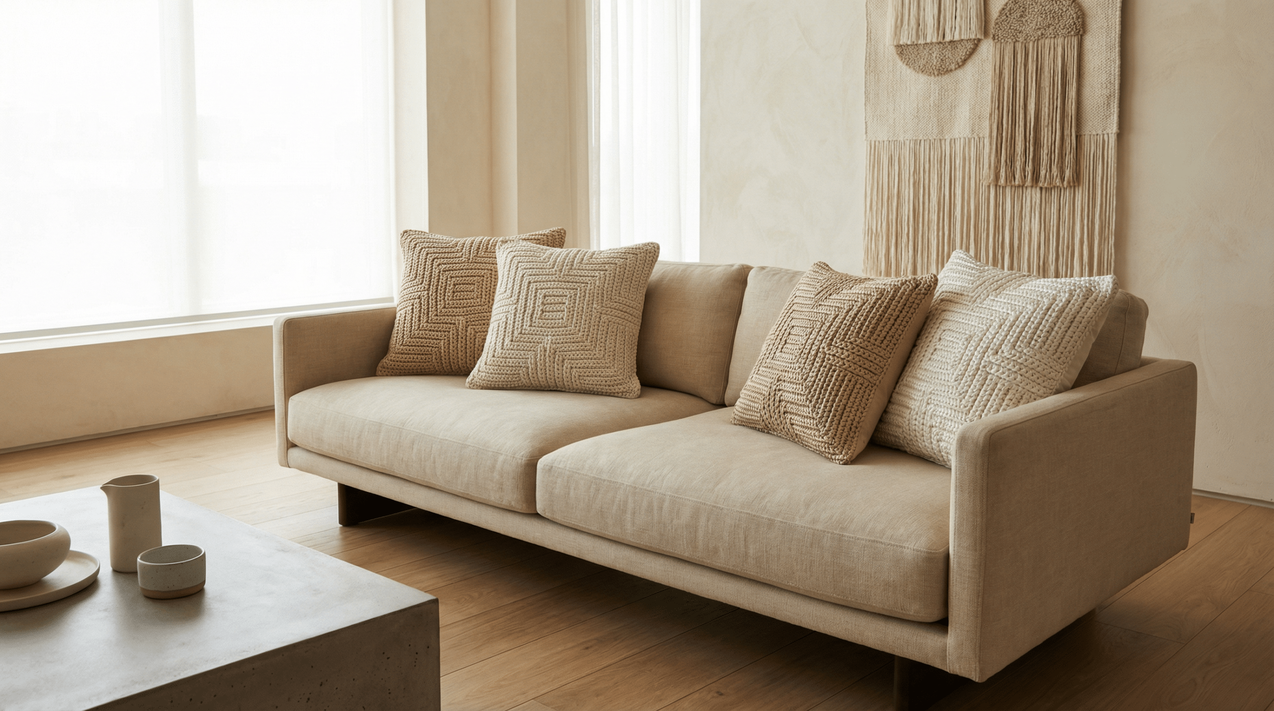 Sala de novela com essas almofadas de crochê premium