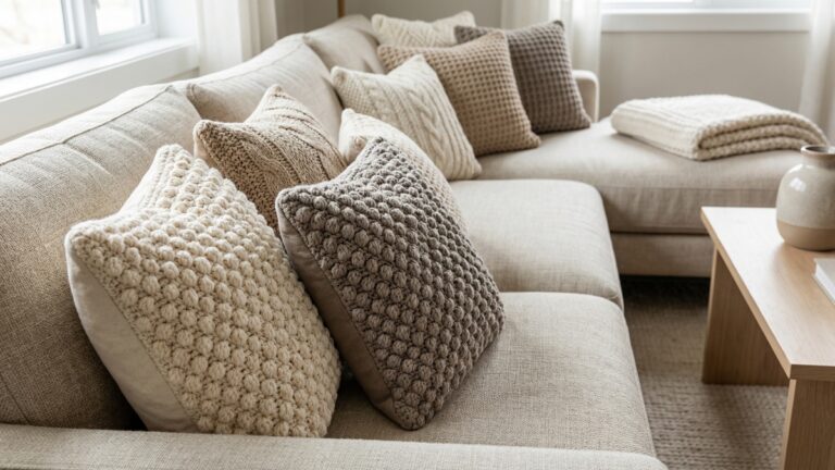 Almofadas de croche artesanais em ponto pipoca com tons neutros sobre sofa em sala de estar aconchegante
