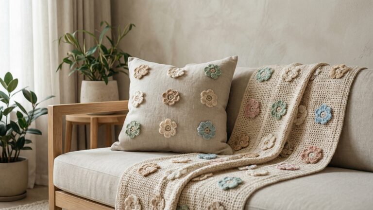 Almofadas decorativas com flores de crochê em tons naturais em ambiente contemporâneo