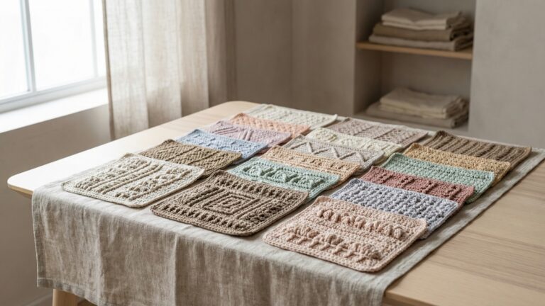 Composicao de amostras de croche com diferentes pontos texturizados e relevos sobre linho natural em estudio artesanal