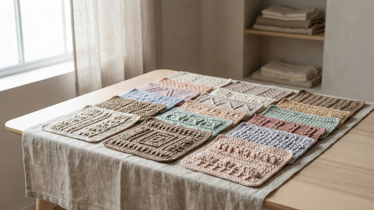 Composicao de amostras de croche com diferentes pontos texturizados e relevos sobre linho natural em estudio artesanal
