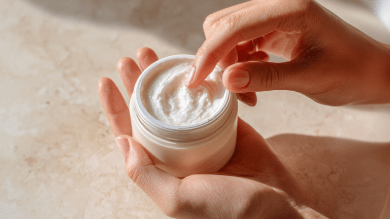 Creme antissinais na palma de uma mão