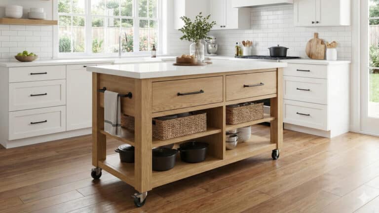 Bancada de ilha móvel de madeira clara com tampo branco e rodinhas, posicionada em uma cozinha moderna e iluminada com armários brancos. O móvel funcional possui gavetas e prateleiras com cestos organizadores, ideal para otimizar espaço.