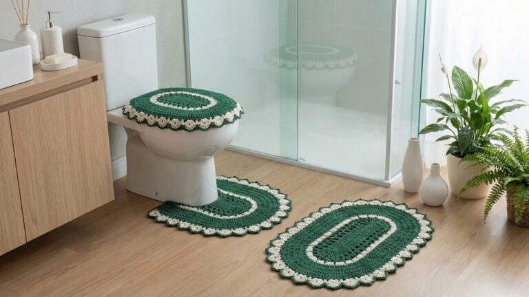 Banheiro moderno com jogo de banheiro de croche artesanal em verde e off-white, decoracao elegante