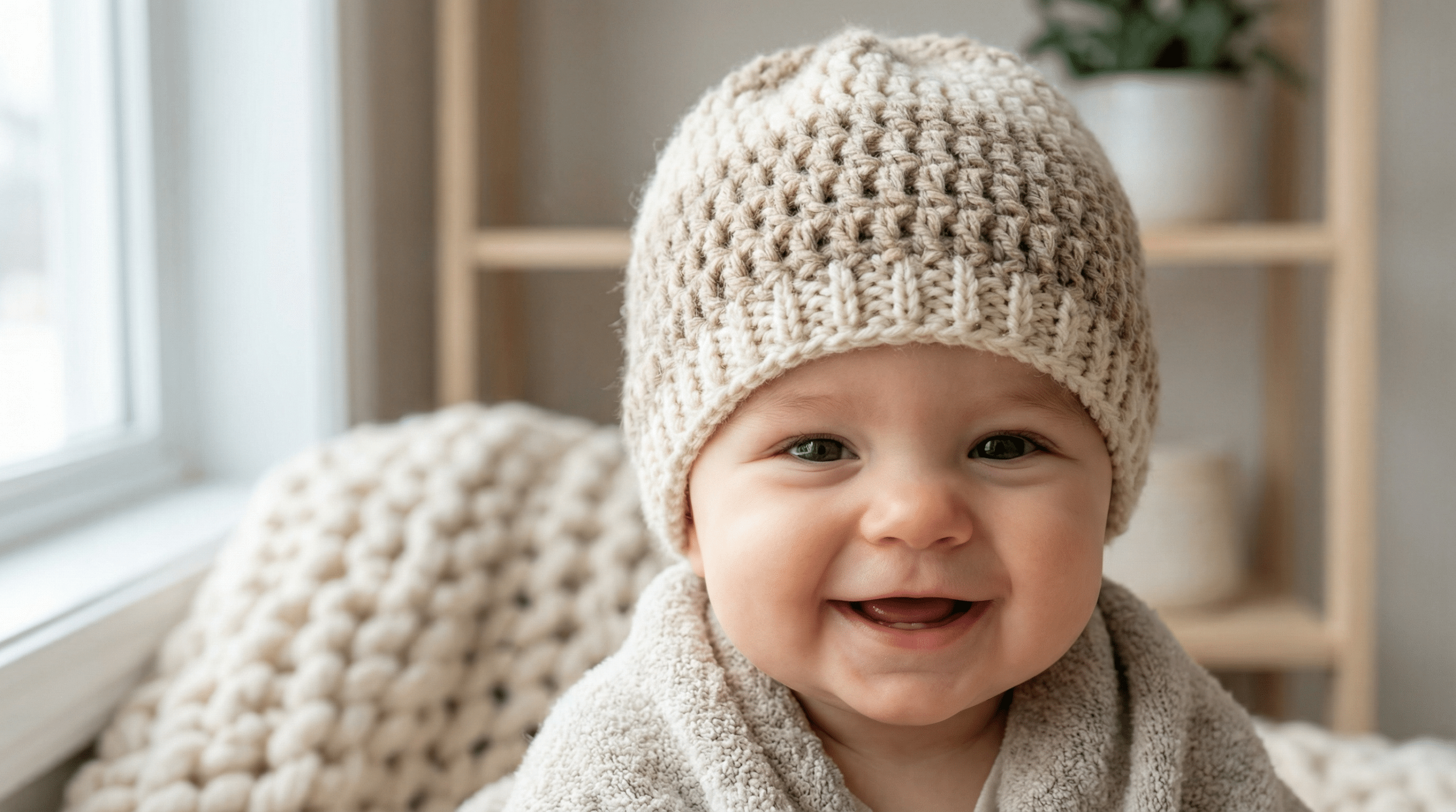 Bebê sorrindo com touca de crochê